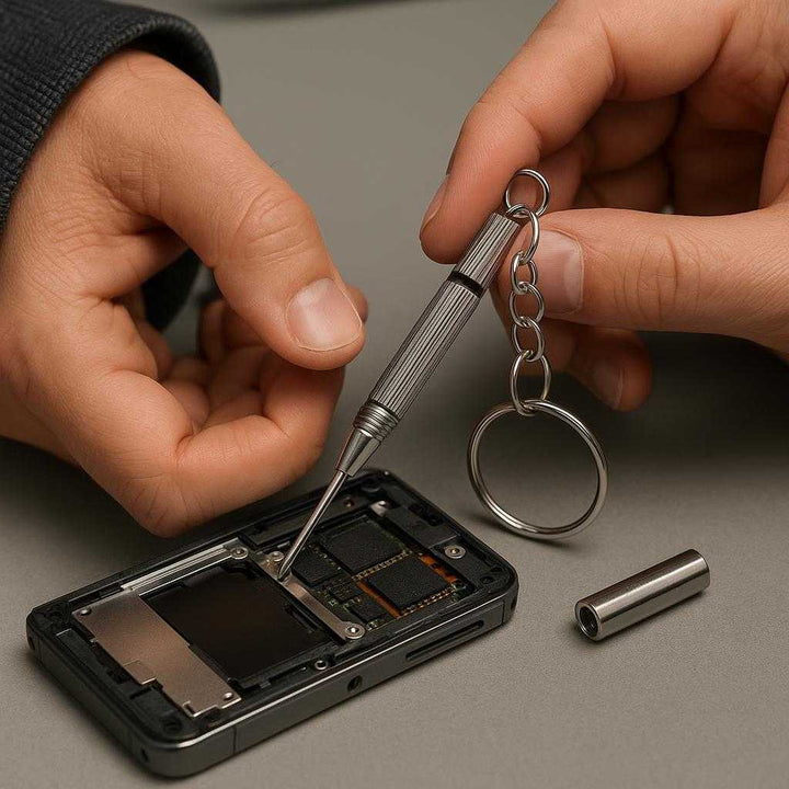 Skruetrækker Mini med Nøglekæde - Kompakt og Funktionel til Præcisionsarbejde i Høj Kvalitet. A technician uses the compact Skruetrækker Mini med Nøglekæde to secure a small screw in a precision electronic device on a workbench, emphasizing its functionality and portability.