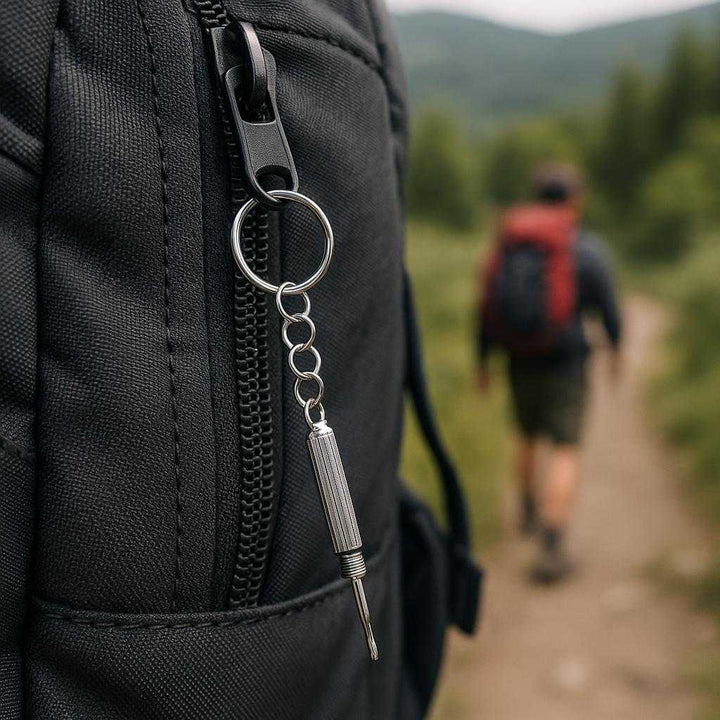 Skruetrækker Mini med Nøglekæde - Kompakt og Funktionel til Præcisionsarbejde i Høj Kvalitet. The Skruetrækker Mini med Nøglekæde hangs from a keyring attached to a backpack zipper, showcasing its convenience and readiness for on-the-go repairs during a hiking adventure.