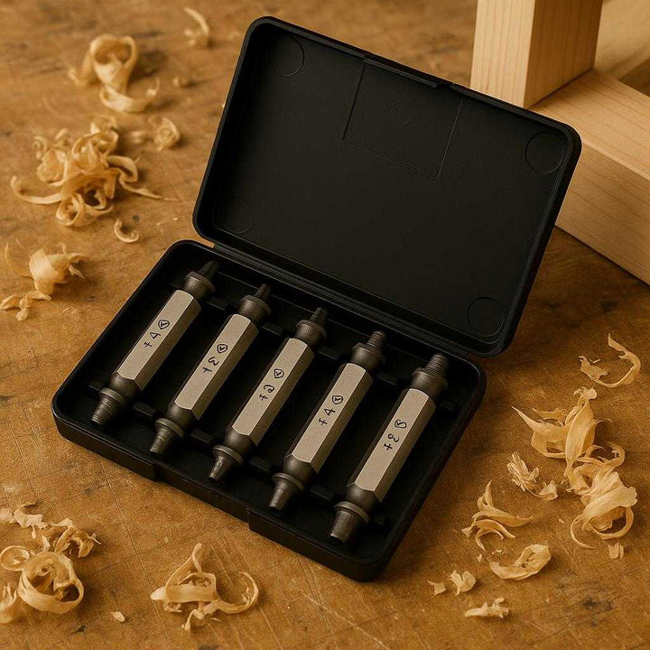 Skrueudtrækkere i Stål – Professionel Sæt til Beskadigede Skruer, Høj Kvalitet og Holdbarhed. A close-up on the professional steel screw extractors neatly arranged in their case, placed on a carpenter's table with wood shavings and a partially assembled furniture piece nearby.