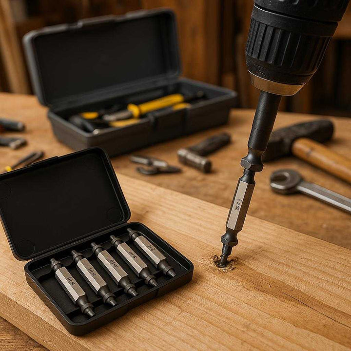 Skrueudtrækkere i Stål – Professionel Sæt til Beskadigede Skruer, Høj Kvalitet og Holdbarhed. The robust steel screw extractors are in action removing a damaged screw from a wooden plank in a well-lit workshop, with a toolbox and various tools scattered around.