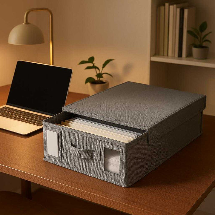Skuffeboks i A4 størrelse - Moderne og pladsbesparende opbevaring til hjemmet, kontoret eller skabet - Tilgængelig i Grå, Lysegrå, og Beige: A cozy home office setting where the A4-sized storage box in grå is placed neatly on an elegant wooden desk beside a sleek laptop and a stylish lamp.