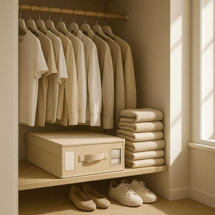 Skuffeboks i A4 størrelse - Moderne og pladsbesparende opbevaring til hjemmet, kontoret eller skabet - Tilgængelig i Grå, Lysegrå, og Beige: A minimalist bedroom closet scene where the storage box in beige is neatly stacked among neatly folded clothes, shoes, and accessories.