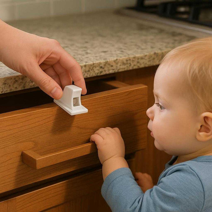 Skuffelås til børnesikring - Effektiv og diskret sikring af skuffer og skabe: A realistic kitchen setting where the childproof lock is properly grounded on a wooden drawer, being actively demonstrated by a parent who is showing how the lock prevents a curious toddler from accessing the contents inside.