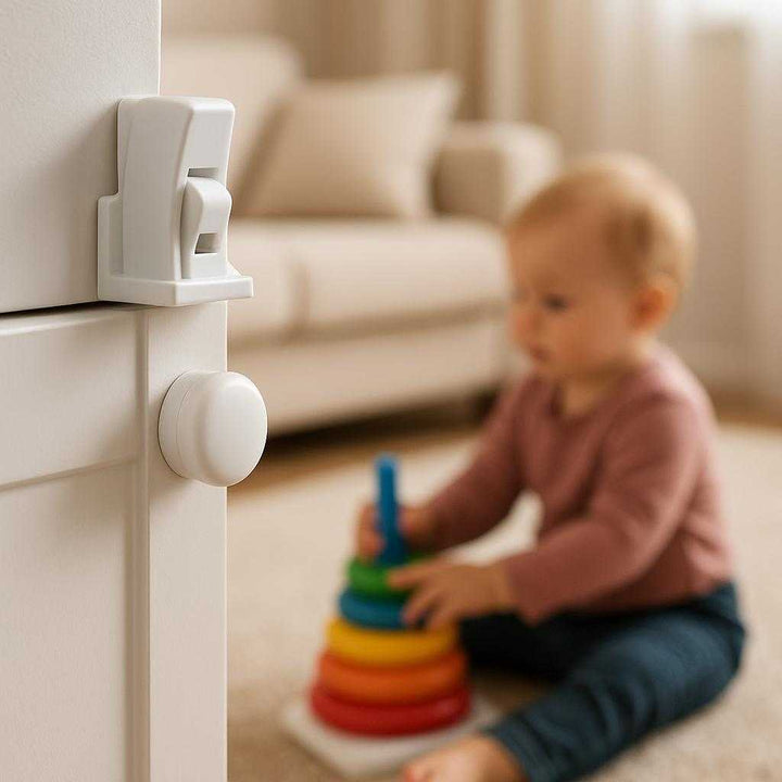 Skuffelås til børnesikring - Effektiv og diskret sikring af skuffer og skabe: A different realistic living room setting where the childproof lock is securely positioned on a white cabinet door, naturally placed to restrict access.