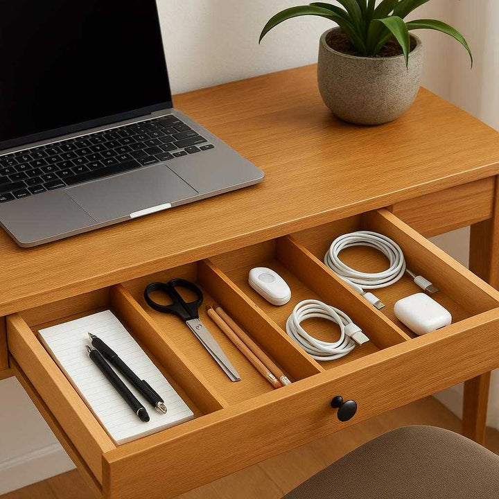 Skuffeopdeler i moderne design - Justerbar og fleksibel opbevaring til makeup og andre småting. In a stylish home office, the organizers are used within a desk drawer to arrange stationery and small gadgets, while a laptop and a potted plant decorate the desk, showcasing a tidy and inspiring work environment.