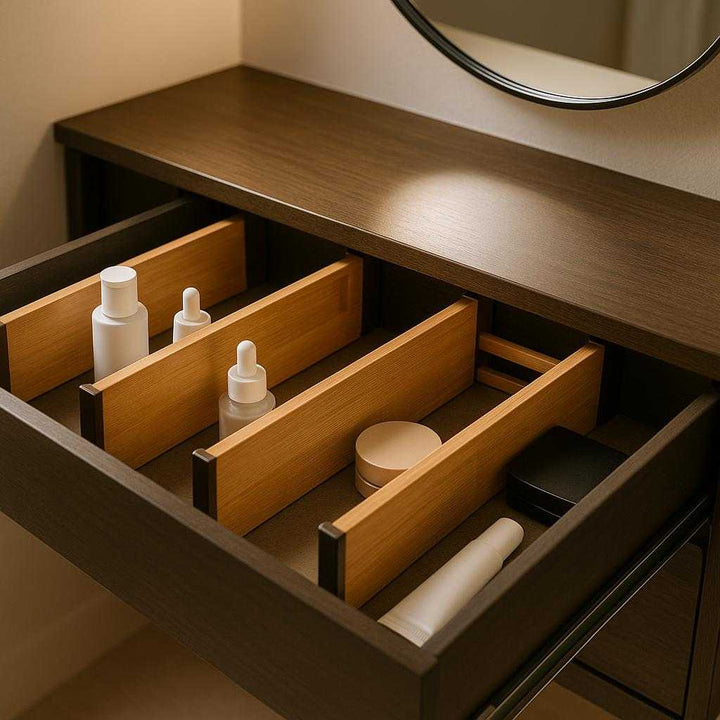 Skuffeopdeler i moderne design - Justerbar og fleksibel opbevaring til makeup og andre småting. The drawer organizers are neatly arranged within a sleek vanity drawer, separating various beauty products, with soft lighting highlighting the natural bamboo texture and a mirror reflecting a well-organized space.