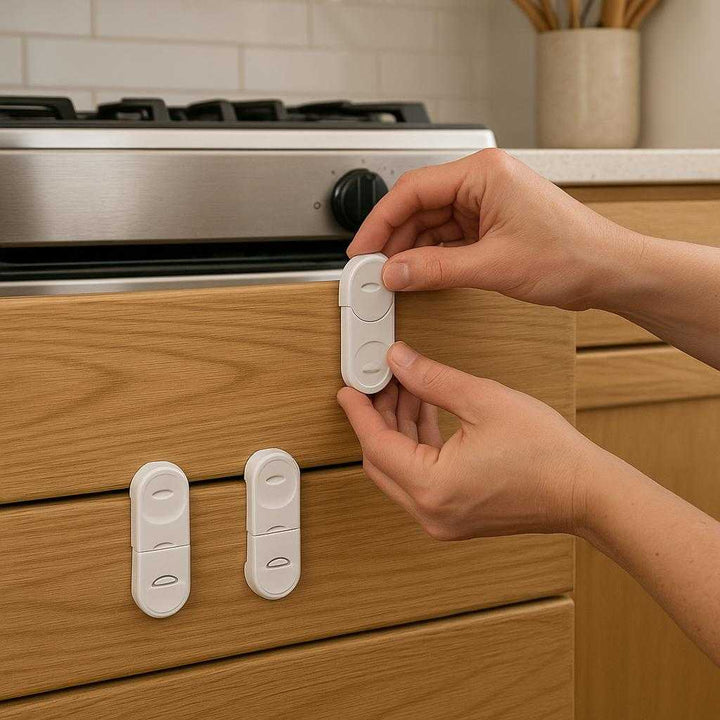 Skuffesikring til Børn – Effektiv Beskyttelse i Hjemmet, Nem Montering, Diskret Design, Holdbart Materiale, Tilgængelig i Hvid og Sort: A realistic kitchen setting where the product is properly grounded on a lower cabinet drawer, being actively used by an adult's hands, installing it with ease.