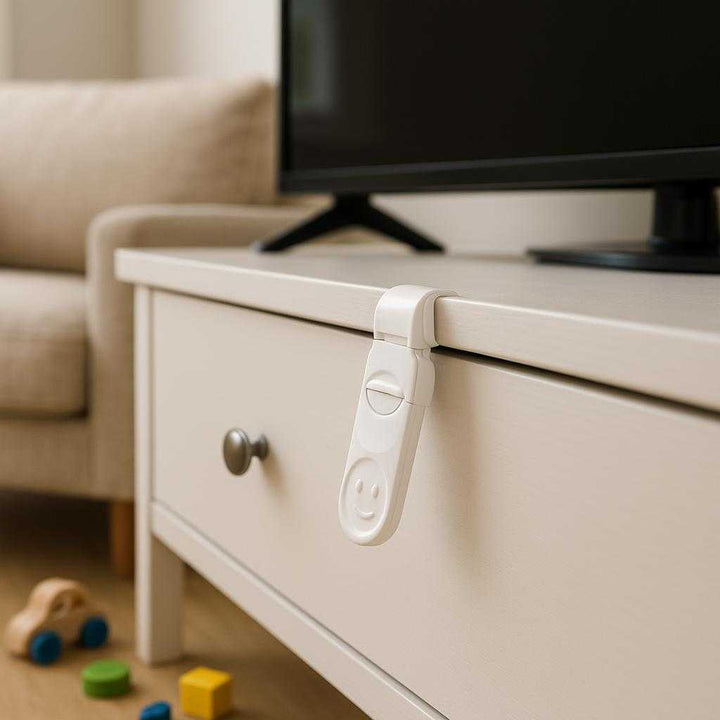 Skuffesikring til Børn – Effektiv Beskyttelse i Hjemmet, Nem Montering, Diskret Design, Holdbart Materiale, Tilgængelig i Hvid og Sort: A different realistic living room setting where the product is securely positioned on a TV stand drawer, placed naturally to prevent a toddler from accessing the contents.