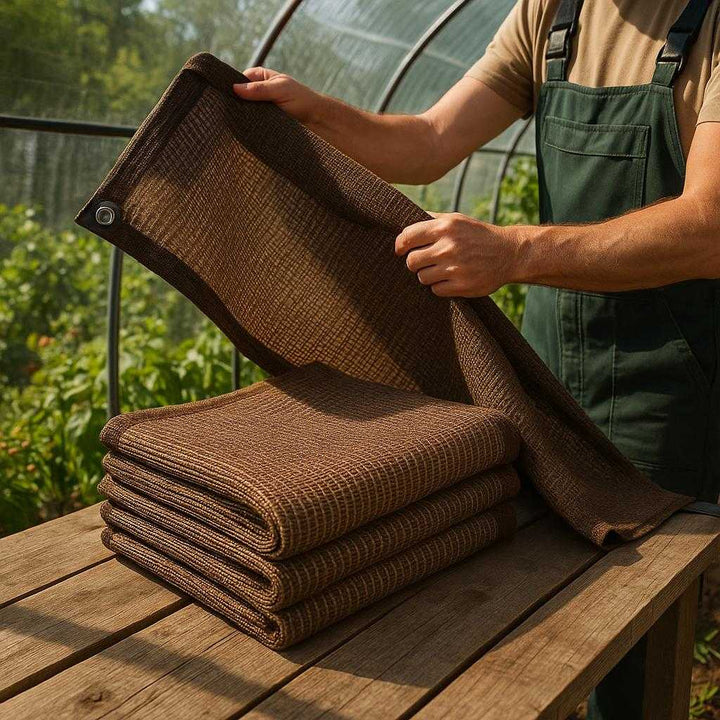 Skyggenet i kraftig vævning med UV-beskyttelse – Professionelt og robust til drivhus og haveanvendelse: A realistic garden setting where the product is properly grounded on a wooden workbench, being actively used by a gardener to cover a section of a greenhouse, with natural sunlight filtering through, casting realistic shadows and showing clear contact points where the product touches the workbench and the greenhouse structure.