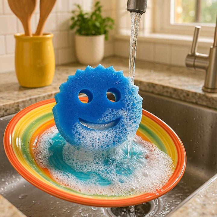 Smiley Svampe – Farverige og Funktionelle Køkkensvampe i Mørkeblå, Gul, Orange og Rød. In a brightly lit kitchen, the blue smiley face sponge scrubbed with soapy suds is being used to clean a colorful fiesta serving plate in a sink, with water splashing and reflecting the kitchen's cheerful ambiance.