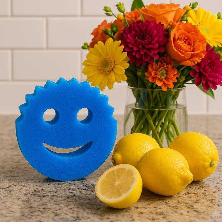 Smiley Svampe – Farverige og Funktionelle Køkkensvampe i Mørkeblå, Gul, Orange og Rød. The blue smiley kitchen sponge is placed playfully on a countertop beside fresh lemons and a bouquet of vibrant flowers, creating a lively and inviting spring kitchen atmosphere.
