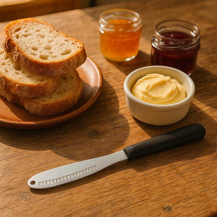 Smørkniv i træ med ergonomisk håndtag - Perfekt til morgenbordet. The knife is gracefully positioned on a rustic wooden breakfast table, with freshly baked bread, soft butter, and vibrant jams, as sunlight filters through a nearby window, creating a warm and inviting breakfast ambiance.