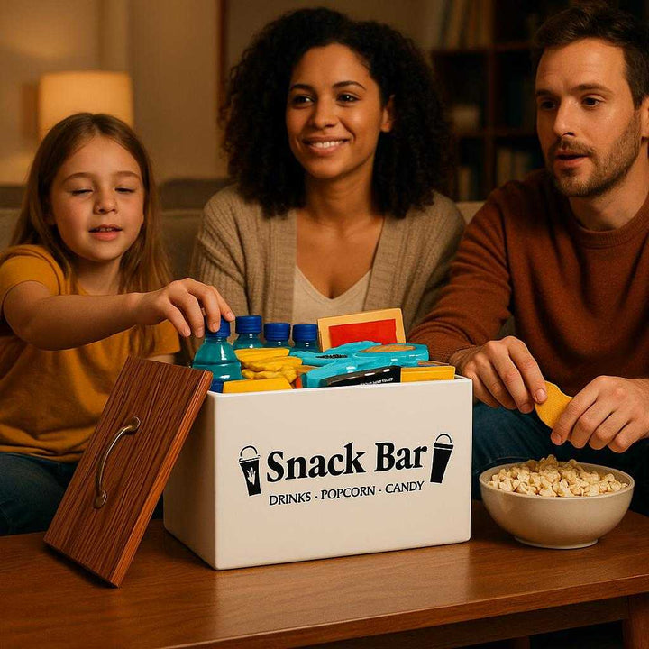 Snackskasse i Hvid og Sort – Stilfuld Opbevaring med Trælåg til Snacks og Drikkevarer. In a cozy living room during movie night, the snack storage box with a wooden lid is prominently placed on a coffee table, surrounded by family members reaching for snacks and drinks.