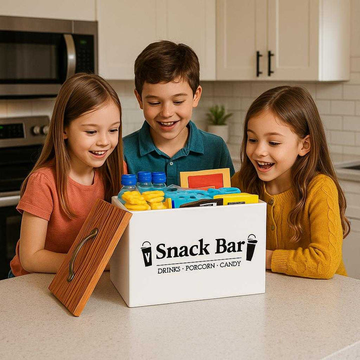 Snackskasse i Hvid og Sort – Stilfuld Opbevaring med Trælåg til Snacks og Drikkevarer. The stylish white and black snack storage box with a wooden lid sits open on a modern kitchen counter, filled with colorful snacks and drinks, ready as kids eagerly gather around after school.