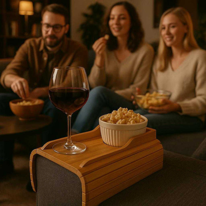 Sofabordbakke i Vintage Bambus – Elegant og Praktisk Design med Høj Kvalitet. A cozy evening scene showing the bamboo sofa tray on an armchair, seamlessly holding wine and snacks during a gathering with friends in a modern living room.