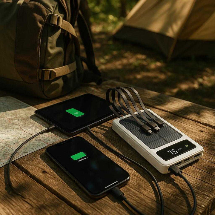 Solcelle powerbank med 4 kabler og LED-display – 20000 mAh i hvid og sort: An adventurous outdoor camping setting, where the solar power bank is placed on a rustic wooden table under dappled sunlight filtering through tree leaves.