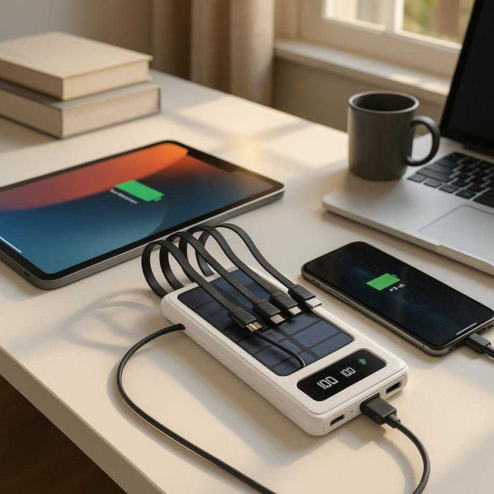 Solcelle powerbank med 4 kabler og LED-display – 20000 mAh i hvid og sort: A modern home office environment, where the power bank rests on a sleek white desk, connected to a tablet and a smartphone.
