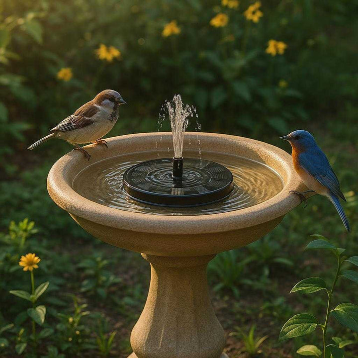 Solcelledrevet Springvand - Moderne og Økologisk Vandpumpe til Haven, Tilgængelig i 13 cm og 16 cm: A different realistic patio birdbath where the solar-powered fountain is securely placed inside, naturally creating soothing water ripples.