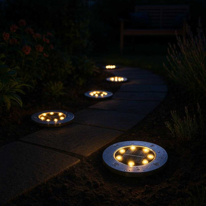 Solcellelamper til Haven: 4-pak Jordspyd med LED & Automatisk Opladning - Tilgængelig i Hvid og Varm Hvid: A realistic evening garden setting where the solar lights are properly grounded in a garden path, illuminating the walkway with a warm glow.