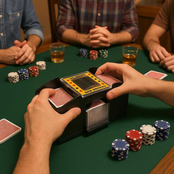 Sort automatisk kortblander - Nem og retfærdig blanding af 2 sæt spillekort: A realistic home poker night setting where the automatic card shuffler is properly grounded on a green felt poker table, being actively used by a group of friends.