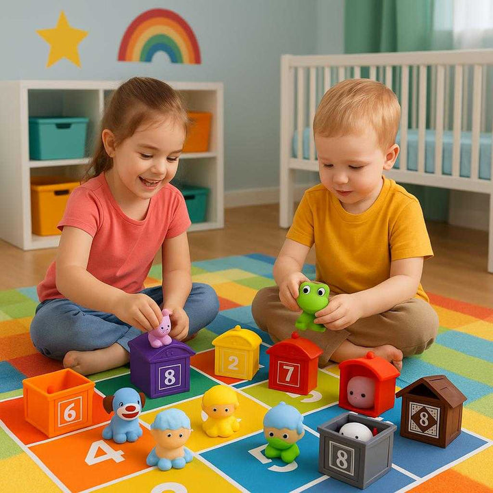 Sorterings- og Tællesæt til Børn - Interaktiv Leg og Læring med Farverige Huse og Dyr. Children eagerly play in a colorful nursery room, using the interactive sorting and counting set to match adorable animal figures with corresponding numbered houses on a vibrant playmat.