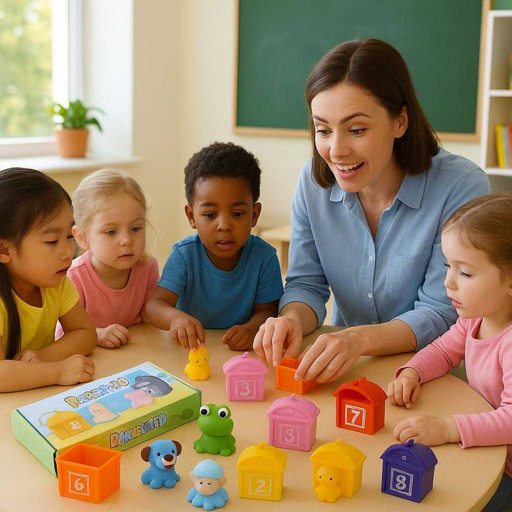 Sorterings- og Tællesæt til Børn - Interaktiv Leg og Læring med Farverige Huse og Dyr. On a sunny classroom day, a teacher guides a group of attentive preschoolers using the sorting and counting set, enhancing their learning experience with playful engagement and interactive challenges.