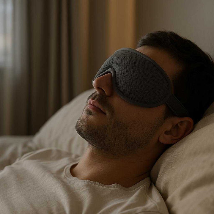 Sovemaske med 3D tilbehør – Justerbar, blød og lysblokkerende maske til afslappet søvn: A realistic bedroom setting where the sleep mask is properly grounded on a plush pillow, being actively used by a person lying comfortably in bed.