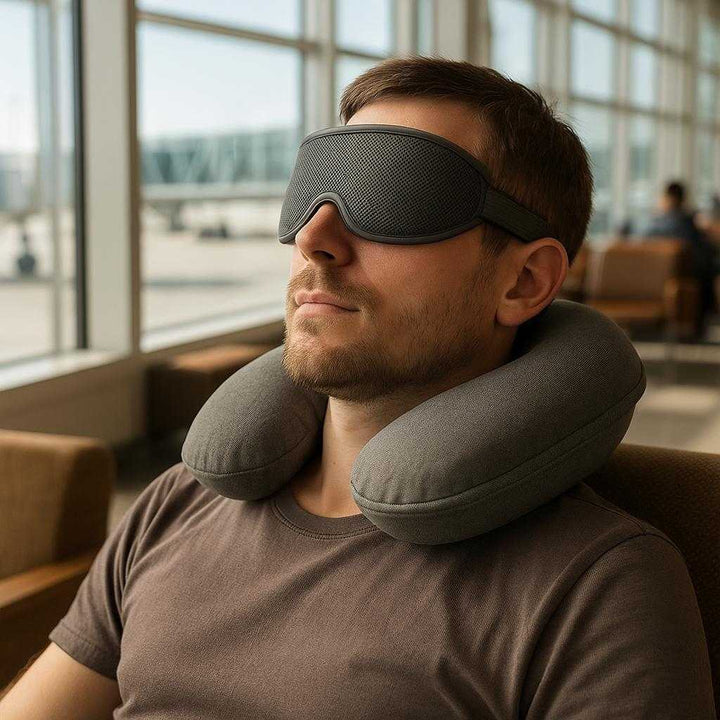 Sovemaske med 3D tilbehør – Justerbar, blød og lysblokkerende maske til afslappet søvn: A different realistic airport lounge setting where the sleep mask is securely positioned on the forehead of a traveler seated in a comfortable chair, with a neck pillow around their neck.