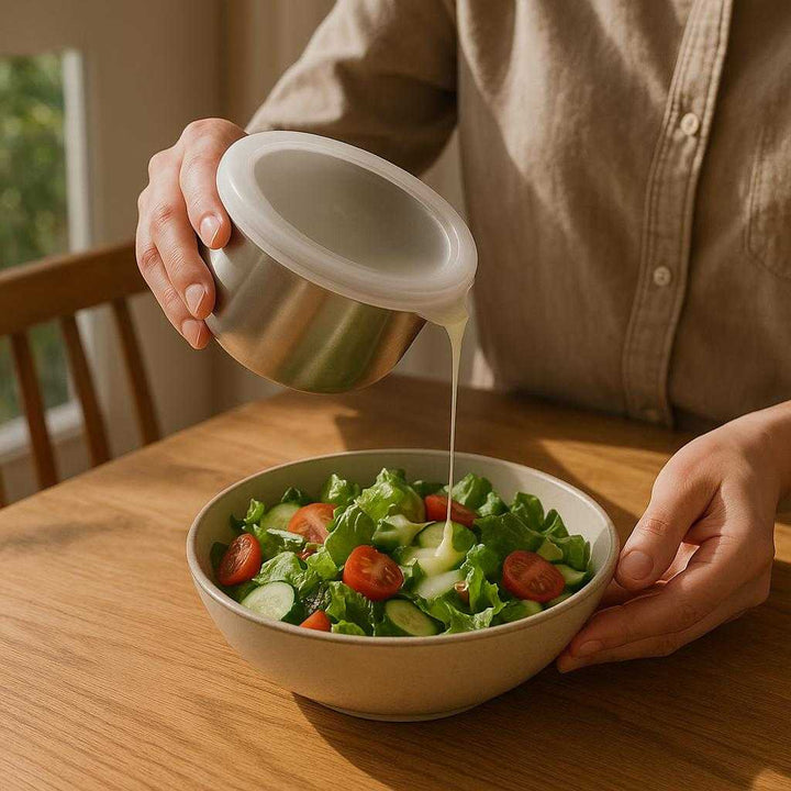 Sovsebæger i rustfrit stål - Praktisk og stilfuld opbevaring til dip, dressing og servering (90 ml): A realistic kitchen setting where the product is properly grounded on a wooden dining table, being actively used by a person pouring homemade dressing from the container onto a fresh salad, with natural sunlight streaming through a nearby window casting realistic shadows and showing clear contact points where the product touches the table.