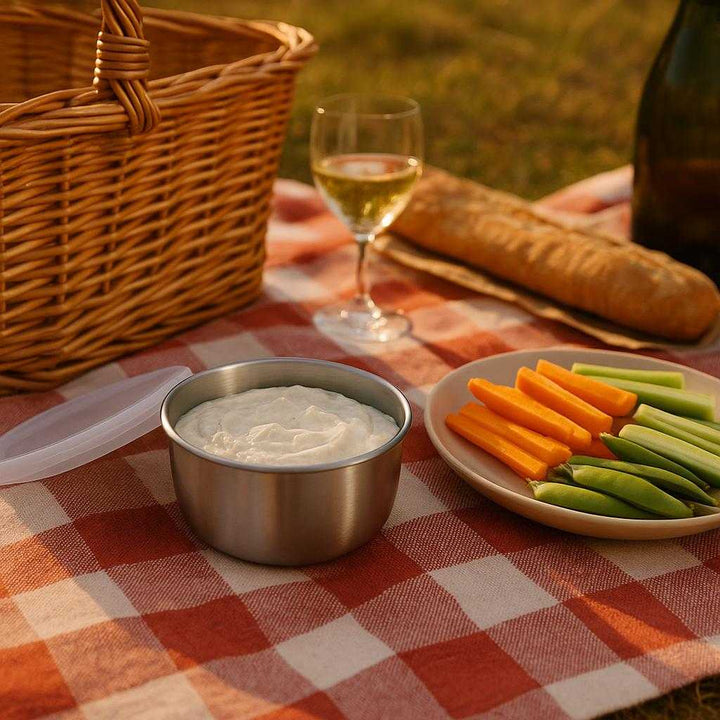 Sovsebæger i rustfrit stål - Praktisk og stilfuld opbevaring til dip, dressing og servering (90 ml): A different realistic picnic setting where the product is securely positioned on a red-checkered picnic blanket beside other picnic items, being used naturally to serve a dip next to a plate of vegetables, with proper physics showing the product's stability, and soft afternoon light creating realistic shadows and integrating seamlessly into the outdoor environment.