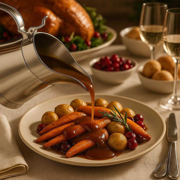 Sovsekande i Rustfrit Stål med Låg og Termo Design – Høj Kvalitet og Stilfuld Servering til Middagsbordet. The stainless steel gravy boat is elegantly positioned on a dining table, pouring rich gravy onto a dish of roasted vegetables with a luxurious holiday spread in the background.