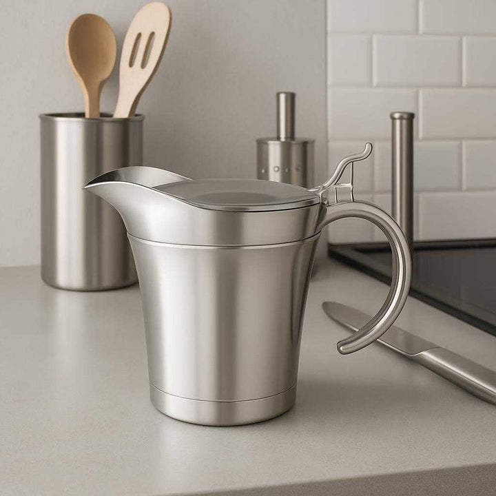Sovsekande i Rustfrit Stål med Låg og Termo Design – Høj Kvalitet og Stilfuld Servering til Middagsbordet. The stainless steel gravy boat sits prominently on a contemporary kitchen counter, surrounded by other sleek utensils, reflecting a minimalist interior design aesthetic.