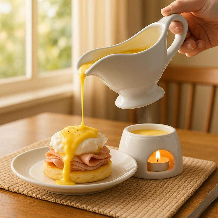 Sovseskål i Porcelæn med Varmeholder – Elegant Design og Høj Funktionalitet. The porcelain sauce boat with warmer elegantly pours warm hollandaise sauce over an eggs benedict dish at a cozy breakfast table setting next to a sunny window.
