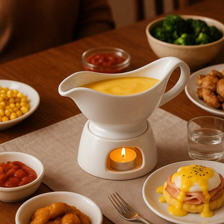 Sovseskål i Porcelæn med Varmeholder – Elegant Design og Høj Funktionalitet. The stylish porcelain sauce boat sits gracefully on a dining table, surrounded by a variety of condiments and steaming dishes, ready for a family dinner gathering.