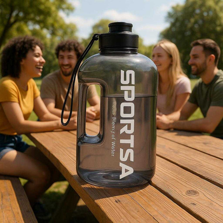 Sportsdrikkedunk med Håndtag – Stor 2L Vandflaske til Træning og Hverdag, Gennemsigtig Plast. The 2L sports water bottle sits prominently on a wooden picnic table at a sunny park, surrounded by a group of friends enjoying a casual outdoor gathering, with lush green trees and a clear sky in the background.