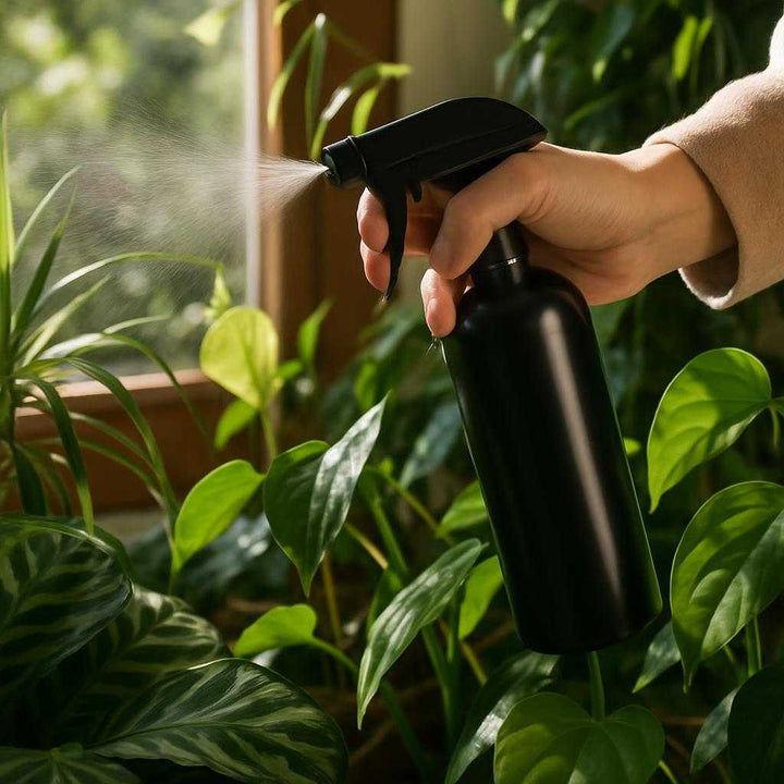 Sprayflaske med Justerbar Dyse til Præcis Forstøvning - Sort Plast, Professionel og Høj Kvalitet. The professional black spray bottle is being used to mist plants in a lush indoor garden, with sunlight streaming through a window highlighting the vibrant leaves.