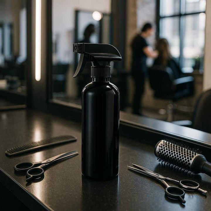Sprayflaske med Justerbar Dyse til Præcis Forstøvning - Sort Plast, Professionel og Høj Kvalitet. The sleek black spray bottle sits on a polished salon counter amidst styling tools, reflecting a sense of high-quality professionalism in a bustling modern hair studio.