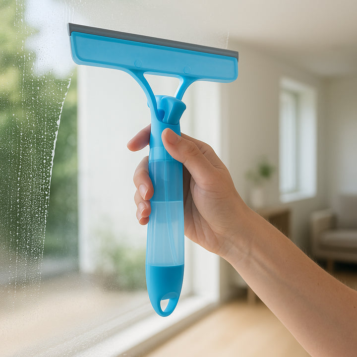 Sprayvinduesvasker med Integreret Sprayfunktion – Effektiv Rengøring i Blå og Grå: A close-up image of a hand using the spray window cleaner on a large glass window in a bright, modern living room.