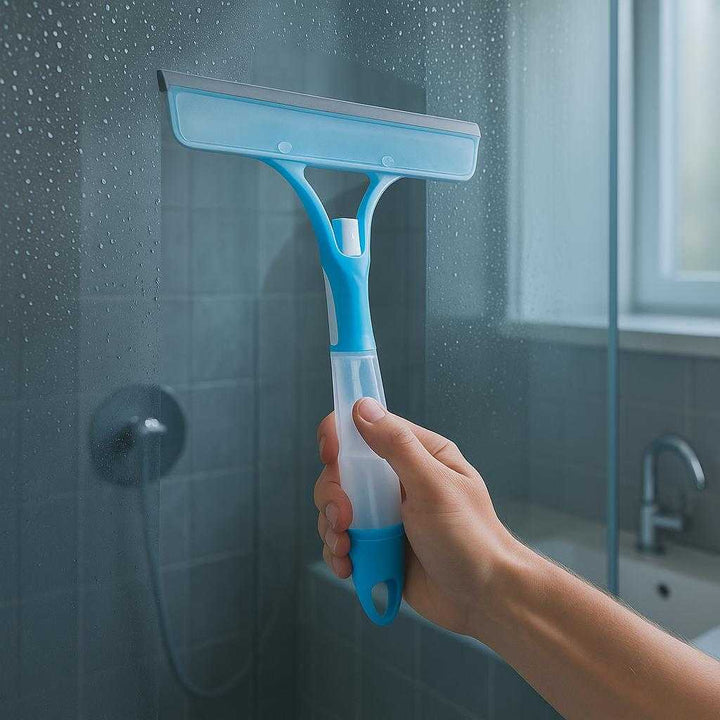 Sprayvinduesvasker med Integreret Sprayfunktion – Effektiv Rengøring i Blå og Grå: A modern bathroom setting, where the sprayvinduesvasker is being used to remove water droplets from a glass shower door.