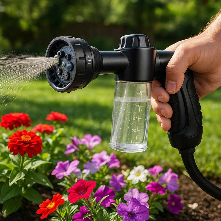 Sprøjtepistol til effektiv rengøring og vanding - Justerbar dyse og ergonomisk greb: A realistic backyard garden setting where the spray gun is properly grounded in a person's hand, actively used to water flower beds.