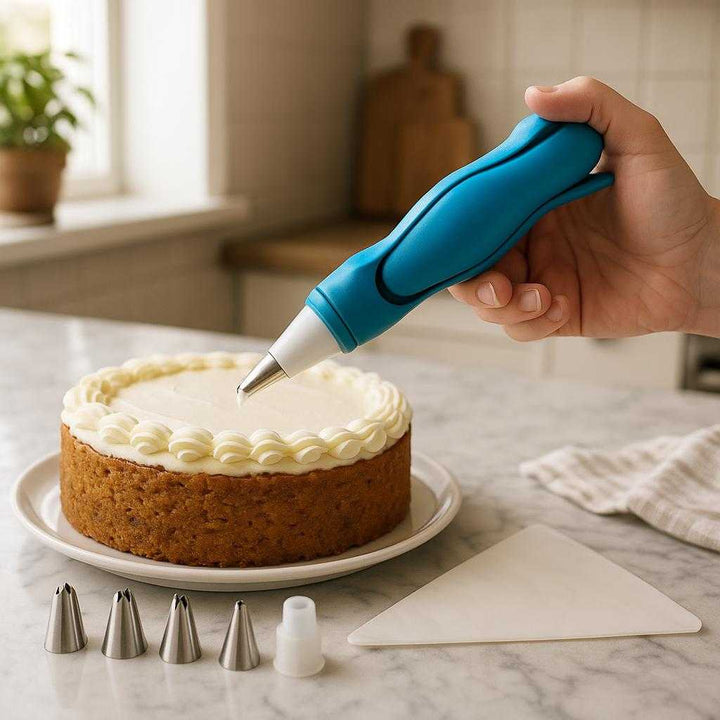 Sprøjteposepistol Sæt – Moderne Kagedekorationsværktøj med 8 dele, Inklusiv Dyser og Genanvendelig Pose: A realistic kitchen setting where the Sprøjteposepistol Sæt is properly grounded on a marble countertop, being actively used by a person icing a beautifully baked cake.