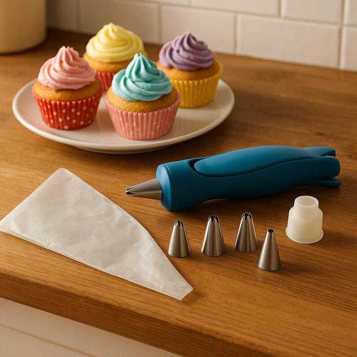 Sprøjteposepistol Sæt – Moderne Kagedekorationsværktøj med 8 dele, Inklusiv Dyser og Genanvendelig Pose: A different realistic home baking environment where the Sprøjteposepistol Sæt is securely positioned on a wooden kitchen counter next to colorful cupcakes.