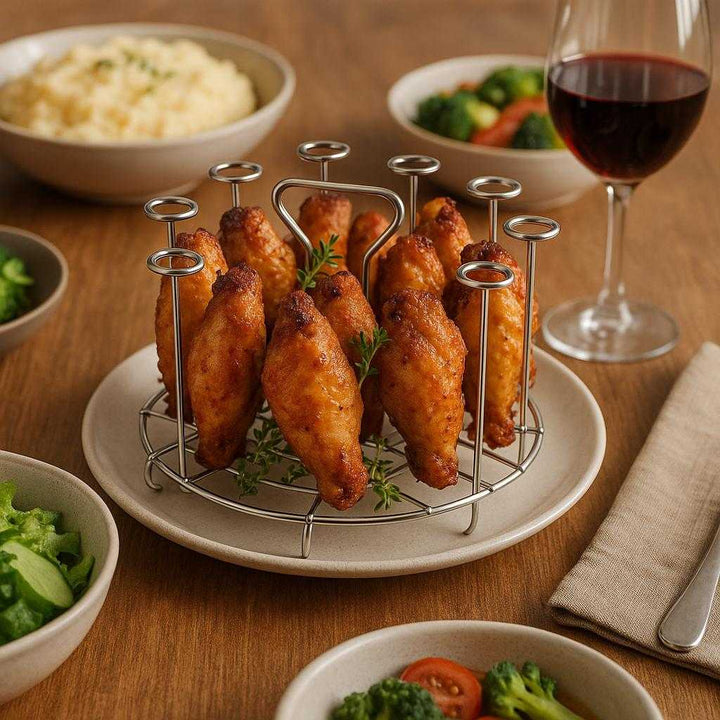 Spydstativ til Airfryer i Rustfrit Stål - Professionel Tilberedning med Høj Kvalitet og Holdbarhed: A different realistic dining table setting where the air fryer rack is securely positioned on a ceramic plate, filled with grilled chicken wings and garnished with herbs, surrounded by side dishes and a glass of wine, with proper physics, shadows, and realistic integration into the dining environment.