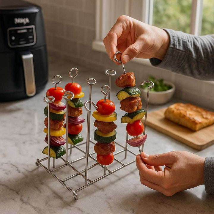 Spydstativ til Ninja Airfryer - Høj Kvalitet i Rustfrit Stål til Jævn Madlavning: A realistic kitchen setting where the Spydstativ til Ninja Airfryer is properly grounded on a marble countertop, being actively used by a home chef placing skewered vegetables and meat onto the rack, with natural lighting coming from a nearby window casting realistic shadows and showing clear contact points where the rack touches the counter.