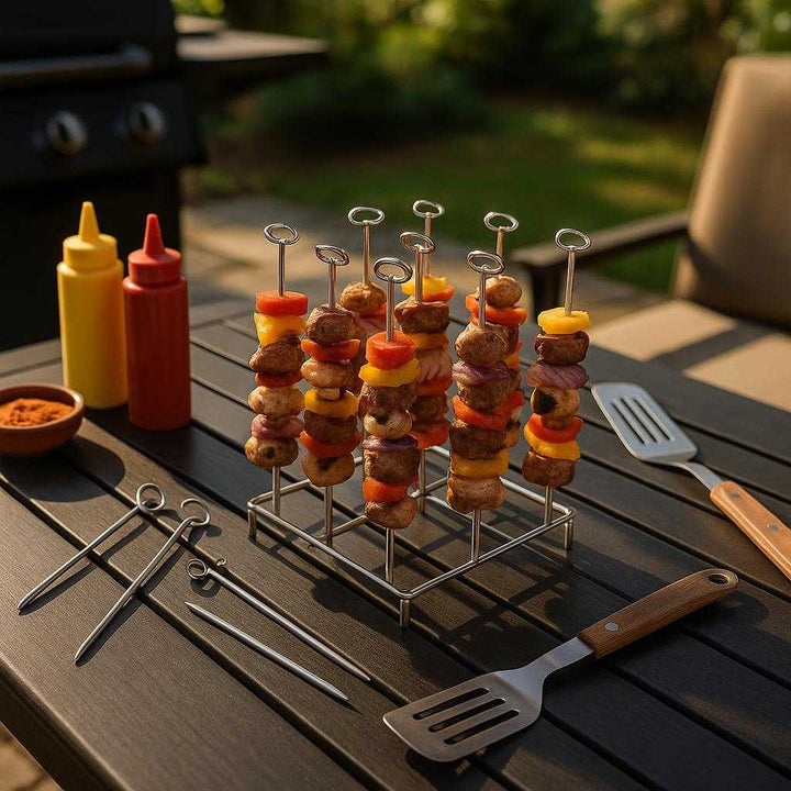 Spydstativ til Ninja Airfryer - Høj Kvalitet i Rustfrit Stål til Jævn Madlavning: A different realistic barbecue patio setting where the Spydstativ til Ninja Airfryer is securely positioned on an outdoor table, being used to hold multiple skewers ready for cooking, with proper physics and realistic integration into the environment, surrounded by barbecue tools and condiments under the warm glow of afternoon sunlight.