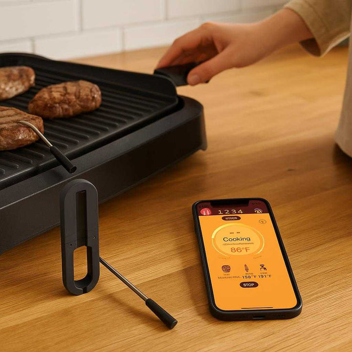 Stegetermometer med Bluetooth til Præcis Madlavning - Trådløs og Høj Kvalitet: A realistic kitchen setting where the Bluetooth meat thermometer is properly grounded on a wooden countertop, being actively used by a person grilling steaks on an indoor grill.