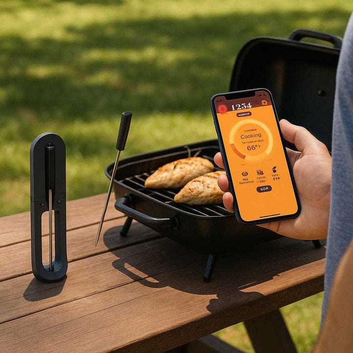 Stegetermometer med Bluetooth til Præcis Madlavning - Trådløs og Høj Kvalitet: A different realistic outdoor barbecue setting where the Bluetooth meat thermometer is securely positioned on a picnic table next to a barbecue grill.