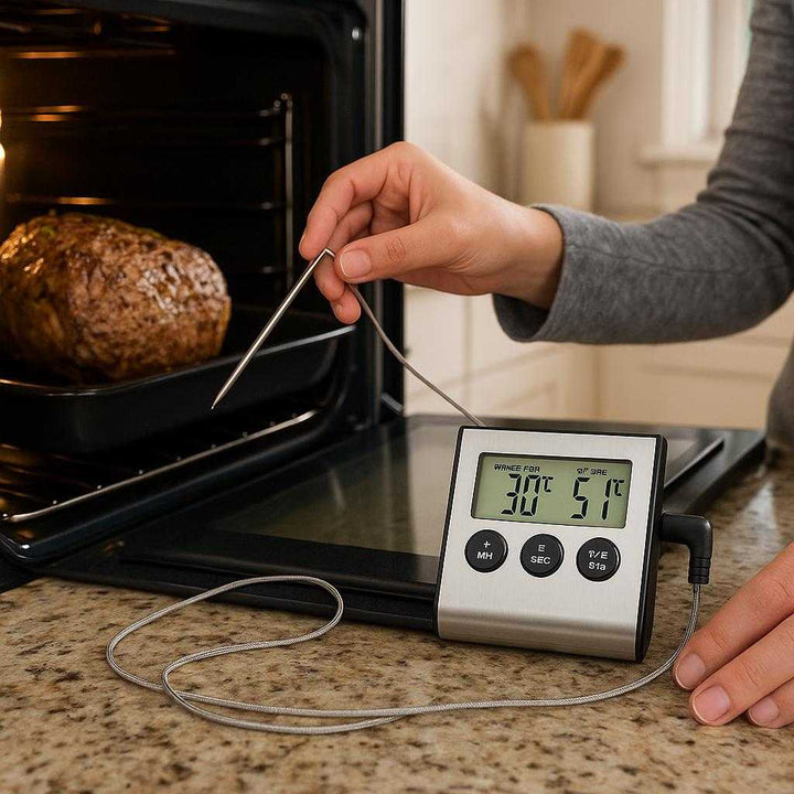 Stegetermometer Trådløs med LCD Display - Avanceret Madlavning og Grill Overvågning: A realistic home kitchen setting where the wireless meat thermometer is properly grounded on a kitchen counter, being actively used by a person who is monitoring the temperature of a roast in the oven.