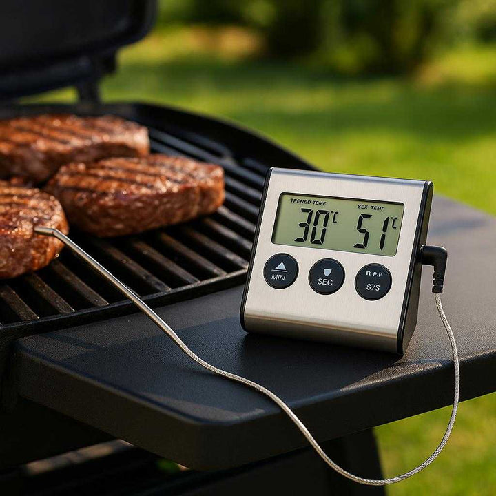 Stegetermometer Trådløs med LCD Display - Avanceret Madlavning og Grill Overvågning: A different realistic outdoor barbecue setting where the wireless meat thermometer is securely positioned on a sturdy BBQ grill side shelf, being used to monitor the temperature of grilling steaks.