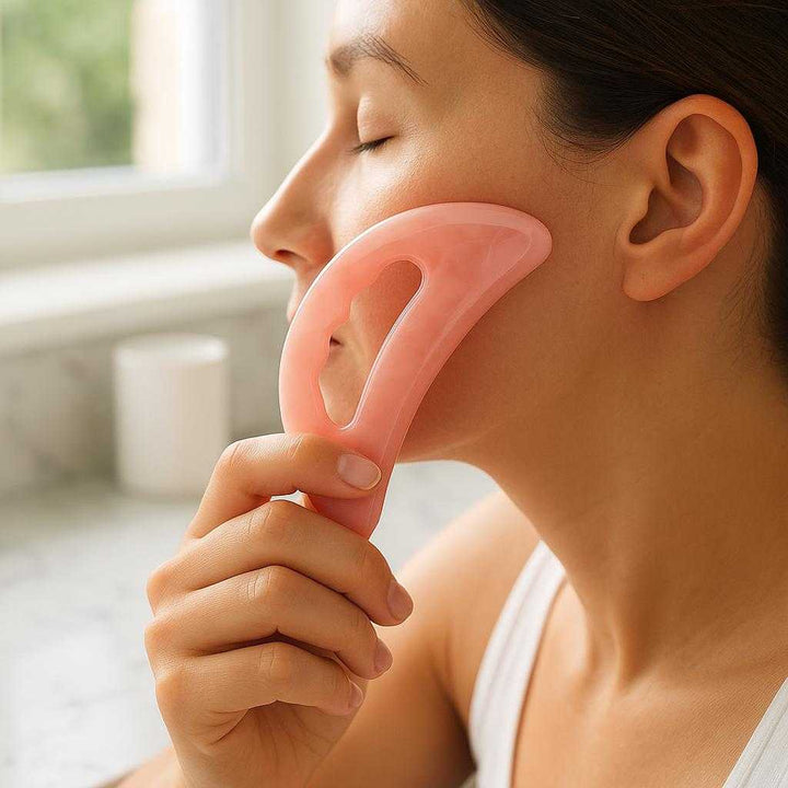 Sten til ansigtsmassage og hudpleje - Gua Sha i rosakvarts forbedrer blodcirkulation og reducerer hævelser: A realistic bathroom setting where the product is properly grounded on a marble countertop, being actively used by someone's hands to gently massage their face.